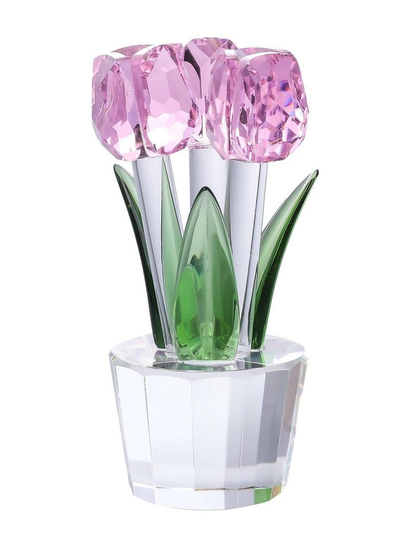 Captaintech Pink Crystal Tulips Flower Figurines  with Vase Glass Flower Bouquet Collectible Figurines Office Home Decor Ornaments Tulip Gifts for Girl Mom Bestfriend Valentines Wedding Anniversary - Image 1