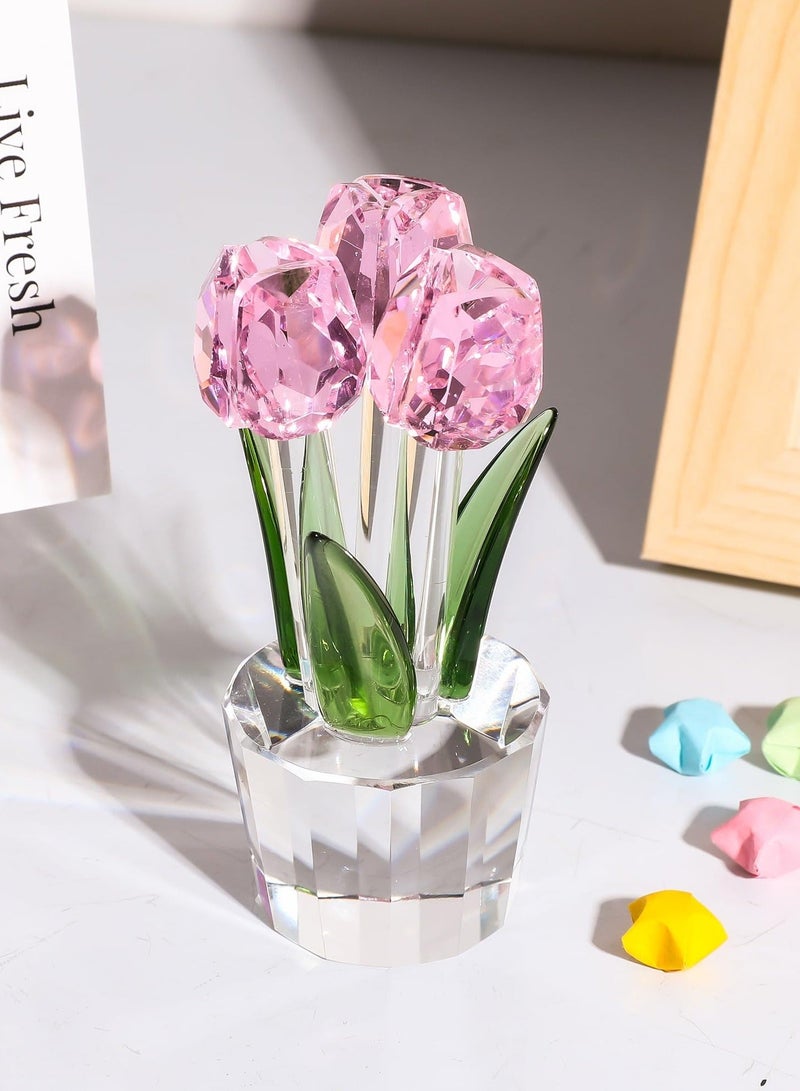 Captaintech Pink Crystal Tulips Flower Figurines  with Vase Glass Flower Bouquet Collectible Figurines Office Home Decor Ornaments Tulip Gifts for Girl Mom Bestfriend Valentines Wedding Anniversary - Image 2