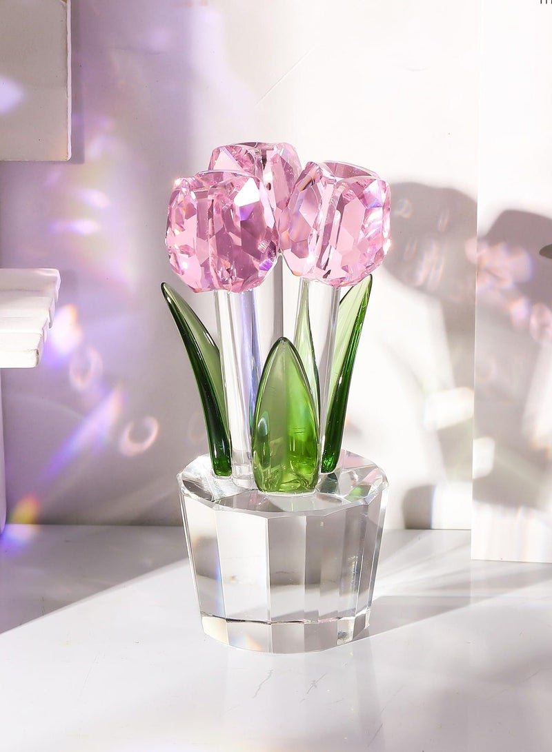Captaintech Pink Crystal Tulips Flower Figurines  with Vase Glass Flower Bouquet Collectible Figurines Office Home Decor Ornaments Tulip Gifts for Girl Mom Bestfriend Valentines Wedding Anniversary - Image 3