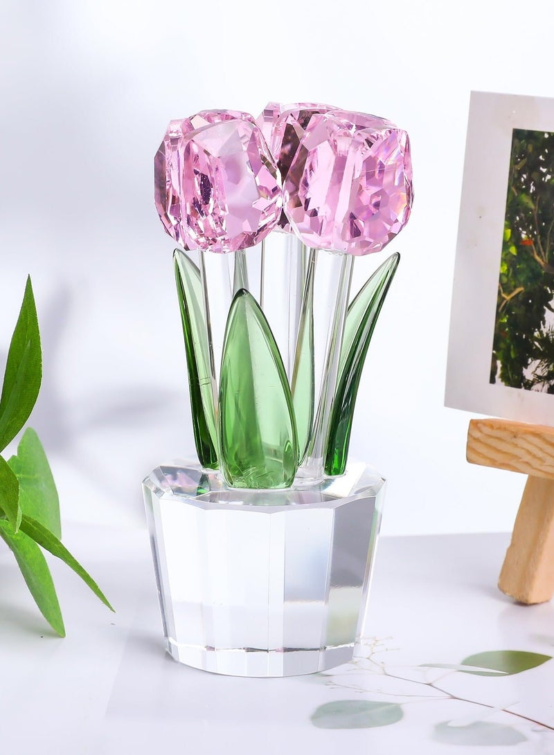 Captaintech Pink Crystal Tulips Flower Figurines  with Vase Glass Flower Bouquet Collectible Figurines Office Home Decor Ornaments Tulip Gifts for Girl Mom Bestfriend Valentines Wedding Anniversary - Image 4