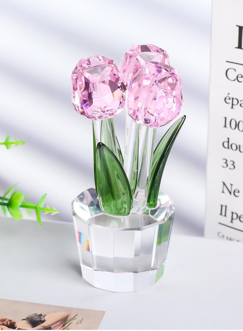 Captaintech Pink Crystal Tulips Flower Figurines  with Vase Glass Flower Bouquet Collectible Figurines Office Home Decor Ornaments Tulip Gifts for Girl Mom Bestfriend Valentines Wedding Anniversary - Image 5