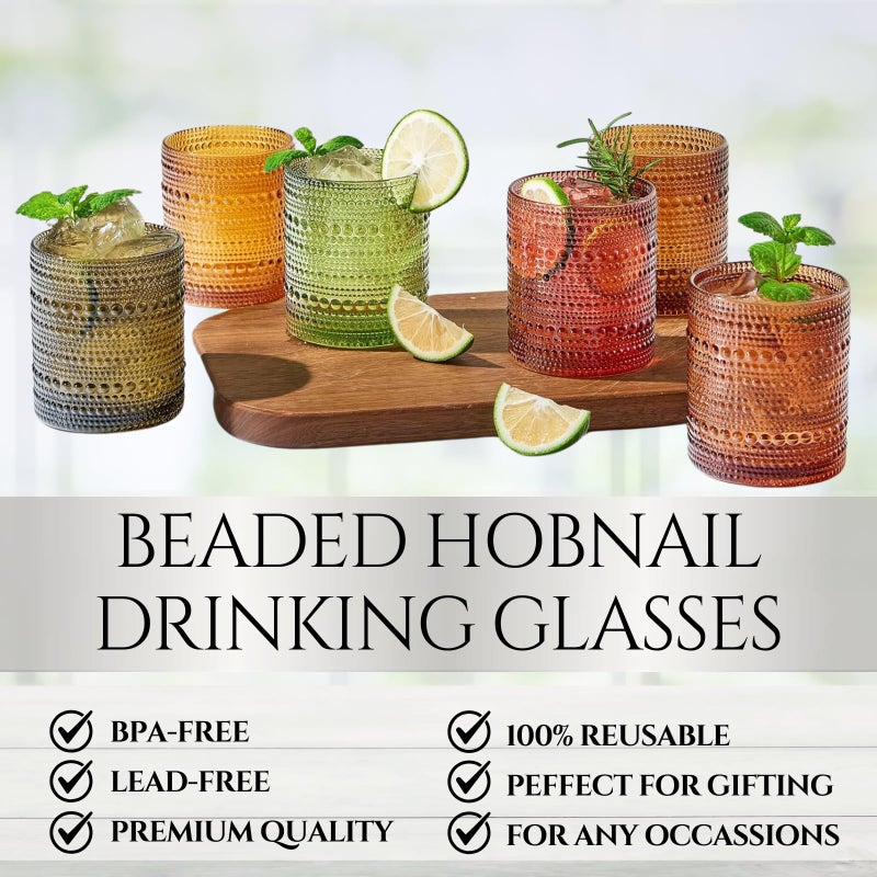 Khen Hobnail Beaded Highball Drinking Tumbler Glasses | Set of 6 | Color, Vintage Bubble Design Whiskey Glassware, Old-Fashioned, Embossed Design for Water, Wine, Cocktail Embossed Heavy Glas, Rocks Glass - Image 3