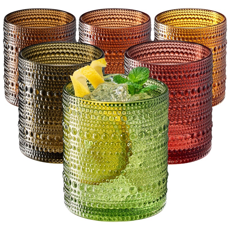 Khen Hobnail Beaded Highball Drinking Tumbler Glasses | Set of 6 | Color, Vintage Bubble Design Whiskey Glassware, Old-Fashioned, Embossed Design for Water, Wine, Cocktail Embossed Heavy Glas, Rocks Glass - Image 1