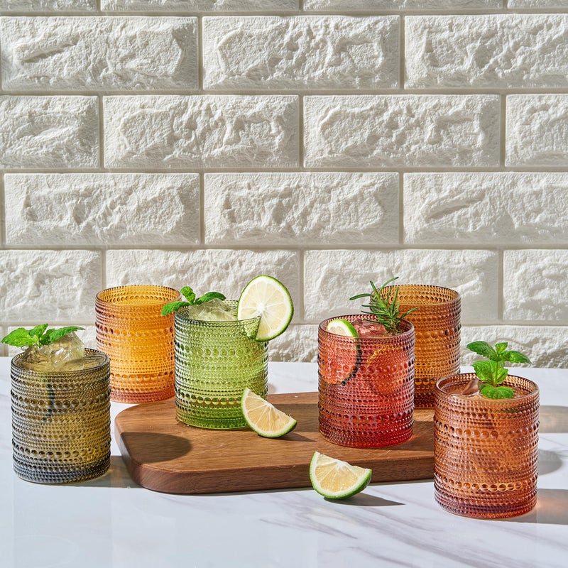 Khen Hobnail Beaded Highball Drinking Tumbler Glasses | Set of 6 | Color, Vintage Bubble Design Whiskey Glassware, Old-Fashioned, Embossed Design for Water, Wine, Cocktail Embossed Heavy Glas, Rocks Glass - Image 2