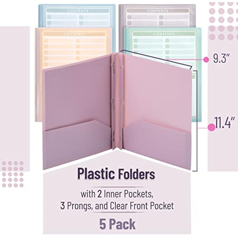 مجلدات بلاستيكية مع جيب أمامي شفاف، 5 قطع، ألوان باستيل، مجلدات ملفات مع مشابك للوثائق - Image 2