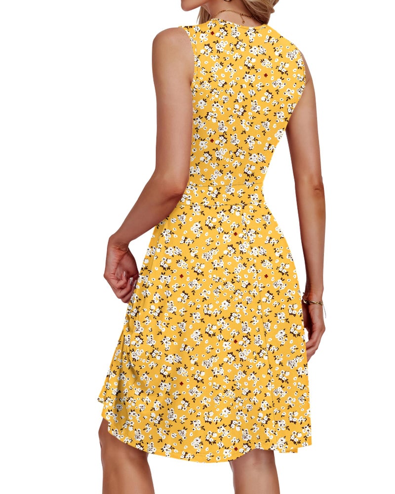 AUSELILY Floral Dress for Women Knee Length Sleeveless V Neck Wrap Sundress with Pockets, Yellow Flower L - Image 4
