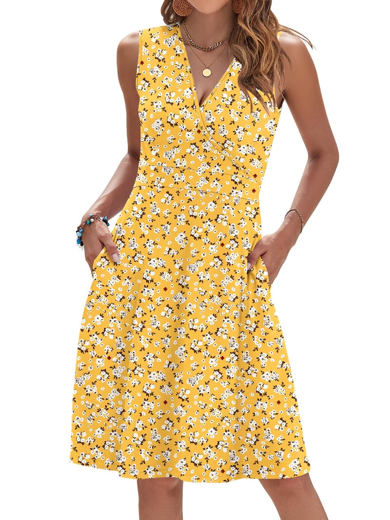 AUSELILY Floral Dress for Women Knee Length Sleeveless V Neck Wrap Sundress with Pockets, Yellow Flower L - Image 1