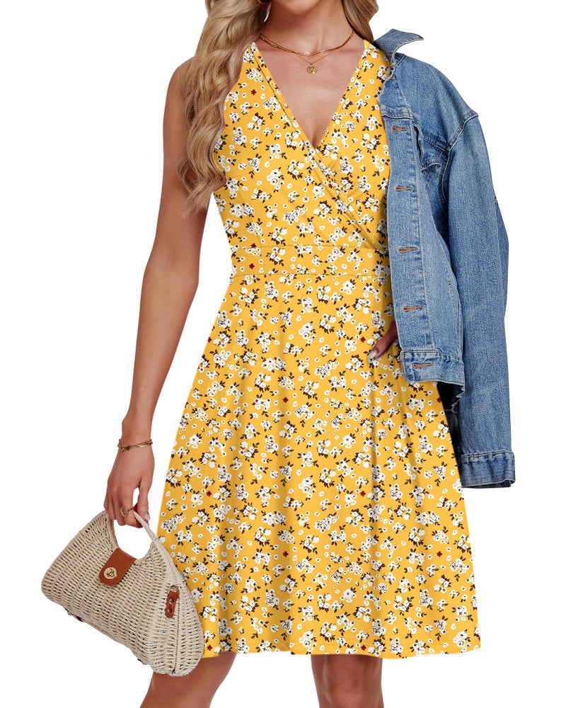 AUSELILY Floral Dress for Women Knee Length Sleeveless V Neck Wrap Sundress with Pockets, Yellow Flower L - Image 5