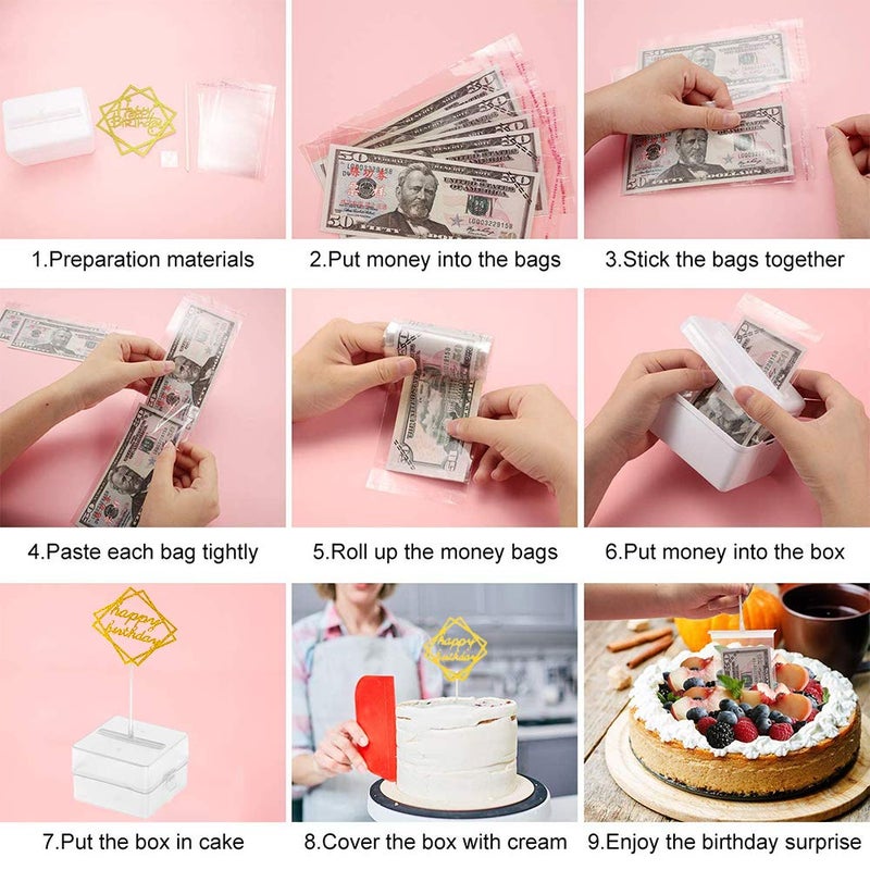 SIENON The Money Cake  Cake Money Box-Cake Money Pull Out Kit Includes 1Pc Clear Food-Contact Safe Box  1Pc Gold Cake Topper  20Pcs Pockets for Birthday Party Cake Decorations - Image 5