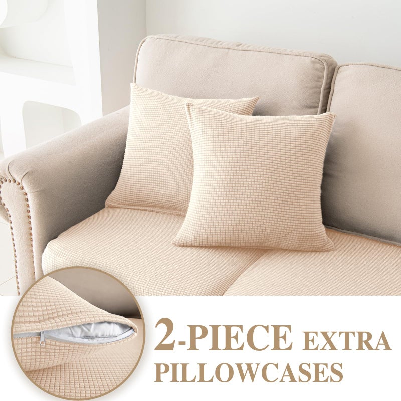 LA MEACK Couch Cushion Covers for Sectional Sofa L Shape Washable Separate Seat Chaise Couch Cover Stretch Sofa Slipcovers with 2 Pcs Pillowcases(2 Seater + 1 Chaise, Natural) - Image 3