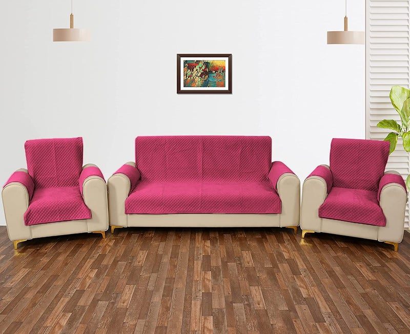 STITCHNEST 5 Seater Quilted Velvet Sofa Cover Protector Pink