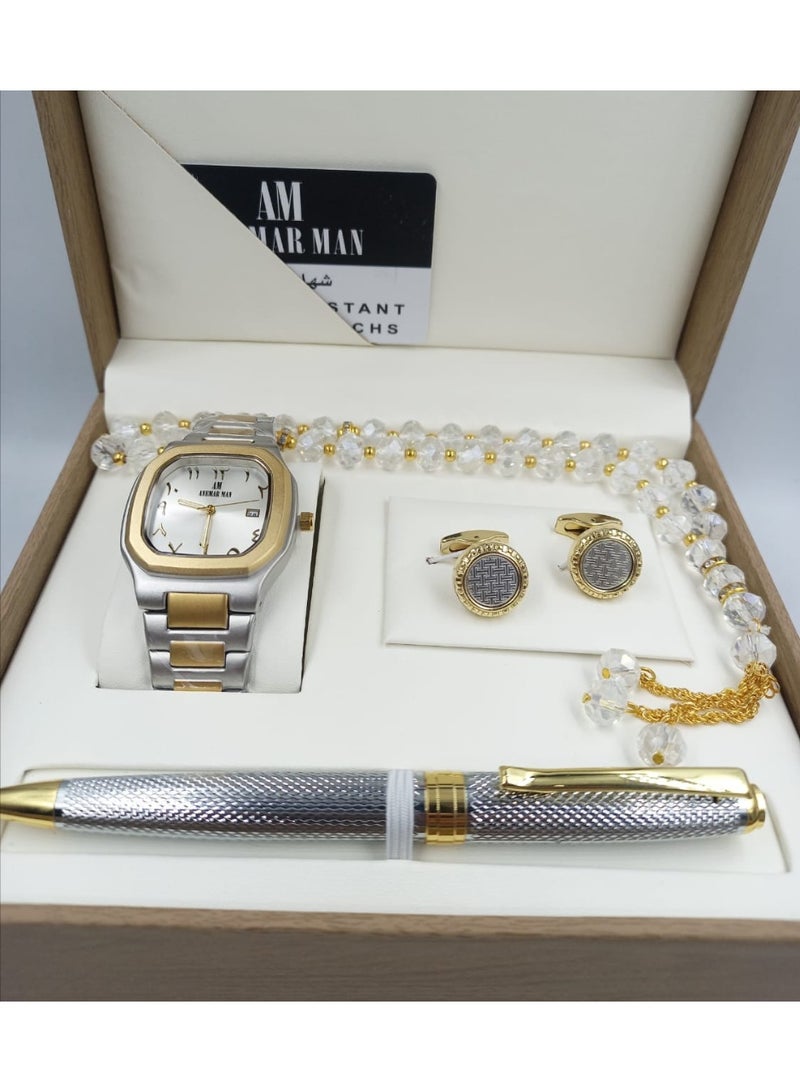 ANEMAR MAN A high-quality, elegant men's gift set including a watch, pen, prayer beads, cufflinks, and a silver and gold bracelet with a white dial.