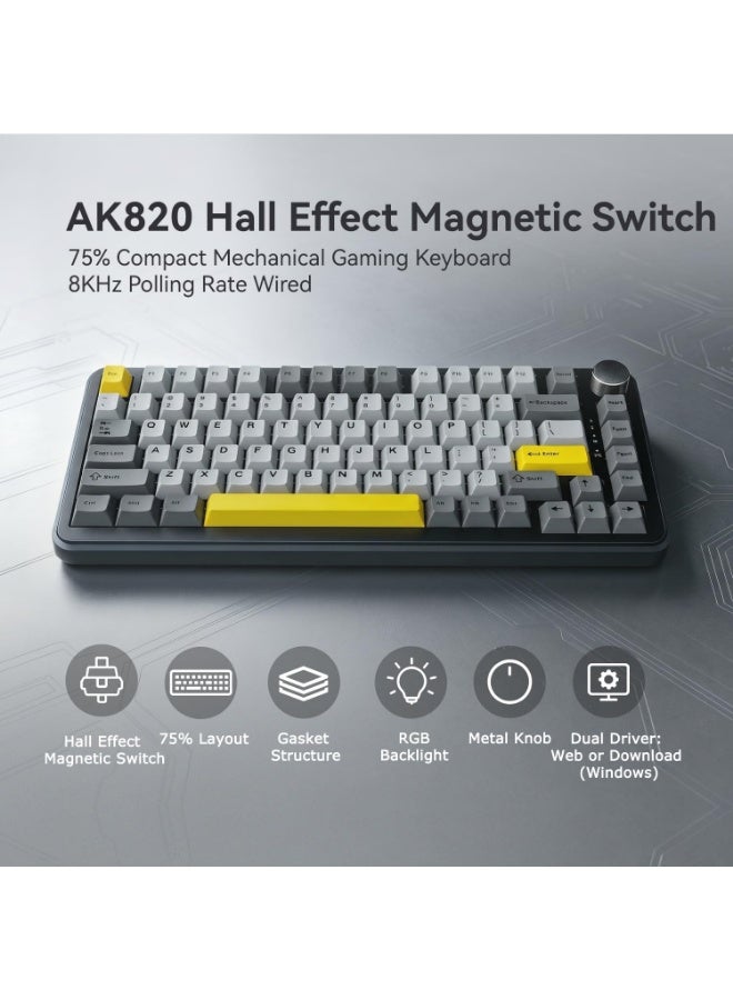 إيه جاز AK820 Max لوحة مفاتيح ألعاب مغناطيسية بتأثير هال 75%، تشغيل سريع، تفعيل قابل للتعديل 0.1-3.4 مم، معدل استطلاع 8K، إضاءة خلفية RGB، كابل USB-C - Image 2