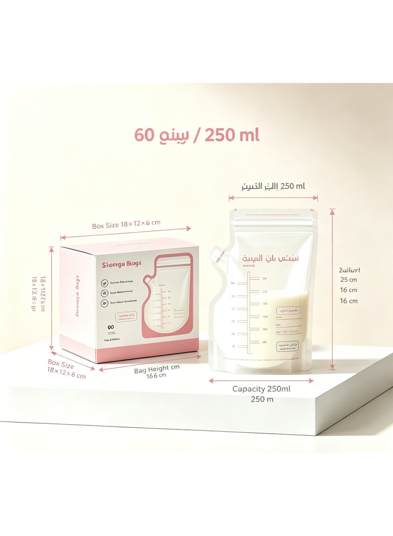 أكياس تخزين حليب الأم، سعة 250 مل، 60 قطعة، خالية من BPA ومقاومة للتسرب - Image 2