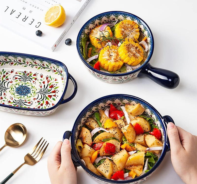 Bicuzat Vintage Style Tulip Flower Pattern Ceramic Bakeware Casserole Dish Baking Pan Lasagna Pans Baking Dish with Handles for Oven/Cooking/Kitchen-1 PCS-32 OZ - Image 4