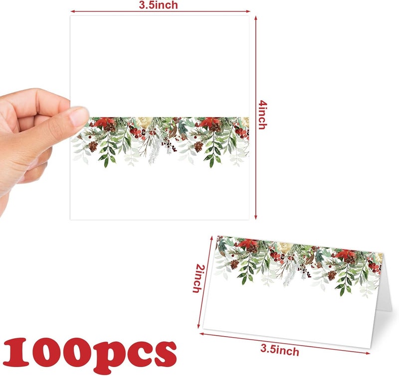 Whaline بطاقات مكان عيد الميلاد من واهلين 100 قطعة 35 × 2 بوصة بطباعة مائية من التوت وكون الصنوبر وبوينسيتيا بطاقة خيمة فارغة لتسمية المقاعد لحفلة عيد الميلاد الشتوية - Image 2