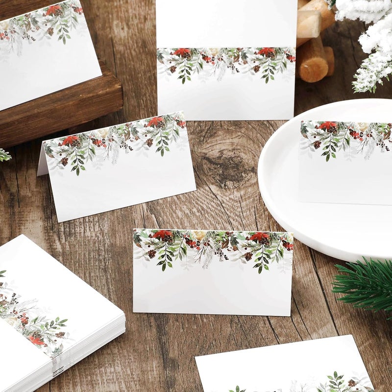 Whaline بطاقات مكان عيد الميلاد من واهلين 100 قطعة 35 × 2 بوصة بطباعة مائية من التوت وكون الصنوبر وبوينسيتيا بطاقة خيمة فارغة لتسمية المقاعد لحفلة عيد الميلاد الشتوية - Image 4