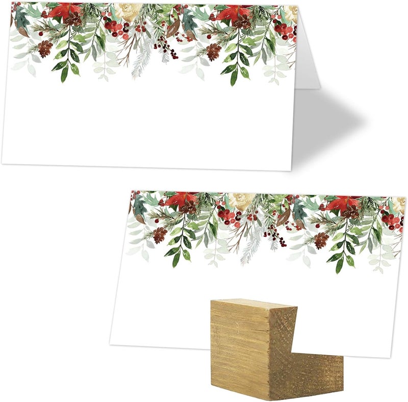 Whaline بطاقات مكان عيد الميلاد من واهلين 100 قطعة 35 × 2 بوصة بطباعة مائية من التوت وكون الصنوبر وبوينسيتيا بطاقة خيمة فارغة لتسمية المقاعد لحفلة عيد الميلاد الشتوية - Image 1