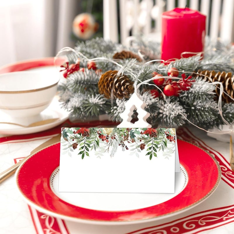 Whaline بطاقات مكان عيد الميلاد من واهلين 100 قطعة 35 × 2 بوصة بطباعة مائية من التوت وكون الصنوبر وبوينسيتيا بطاقة خيمة فارغة لتسمية المقاعد لحفلة عيد الميلاد الشتوية - Image 5