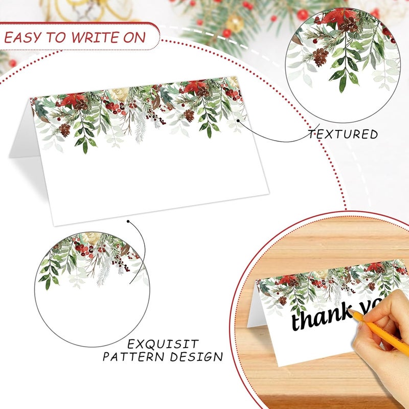Whaline بطاقات مكان عيد الميلاد من واهلين 100 قطعة 35 × 2 بوصة بطباعة مائية من التوت وكون الصنوبر وبوينسيتيا بطاقة خيمة فارغة لتسمية المقاعد لحفلة عيد الميلاد الشتوية - Image 3