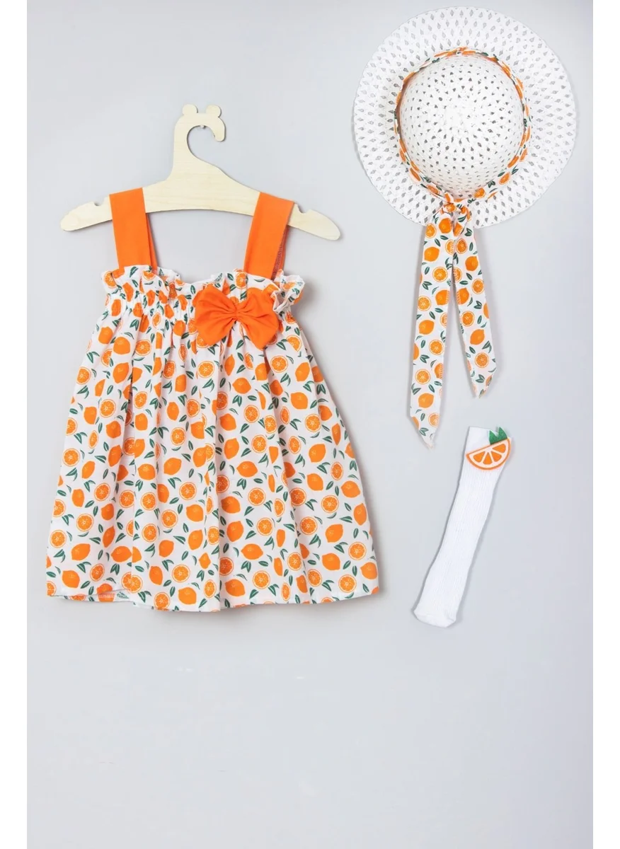 ادا بيبيك تشوكوك Ada Baby Kids Hat, Tangerine Patterned Dress, Knee-Length Socks Set 009