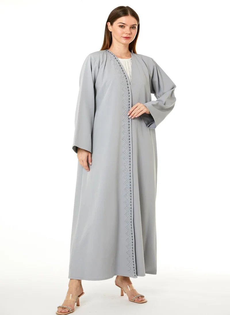 Moistreet  MOiSTREET Grey Crepe Hand Embellished Abaya for Women | Best Price UAE