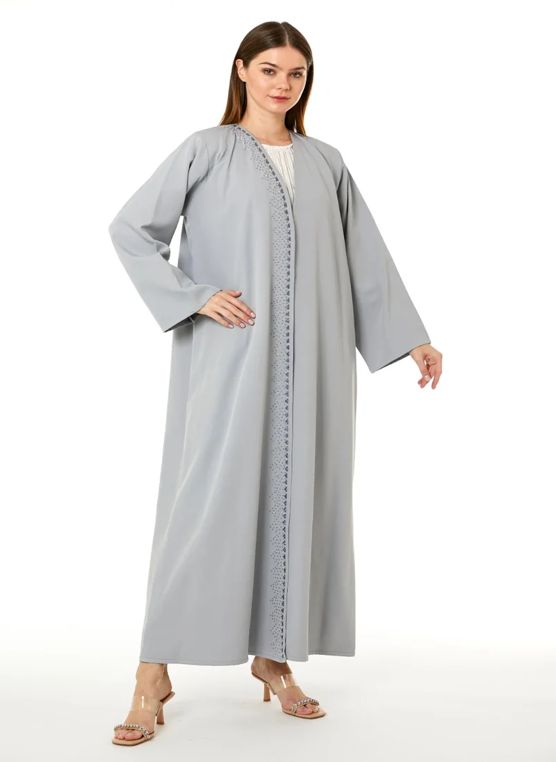Moistreet  MOiSTREET Grey Crepe Hand Embellished Abaya for Women | Best Price UAE