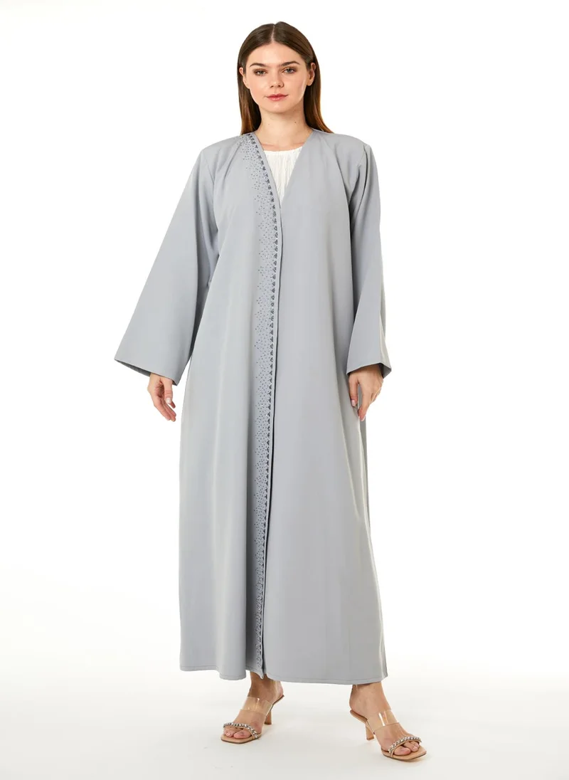 Moistreet MOiSTREET Grey Crepe Hand Embellished Abaya