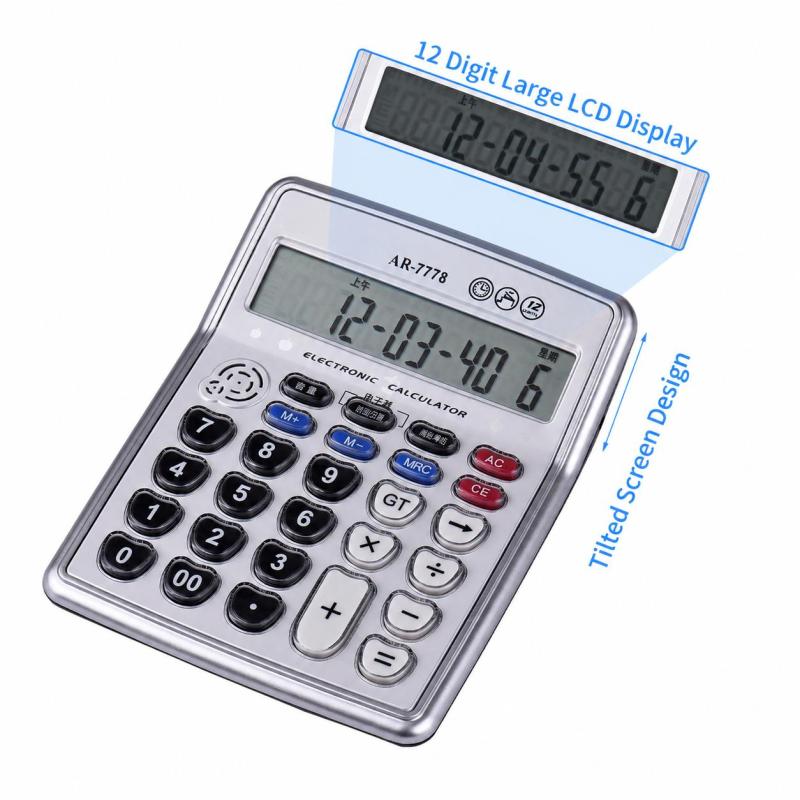 Musical Desktop Calculator 12-Digits LCD Display Electronic Calculator Counter Big Buttons with Music Piano Play Time Date Show Alarm Clock Function for Office Business Classroom Home Supplies - Image 3