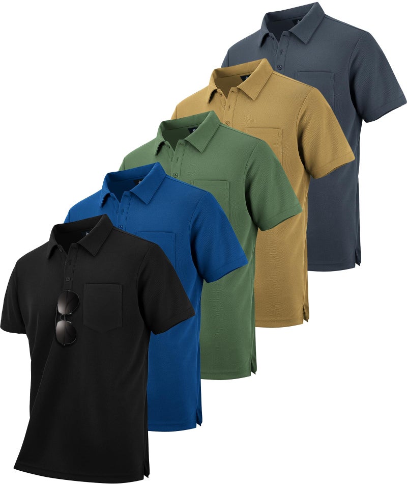 SCODI 5 Pack Mens Pocket Polo Shirts Short Sleeve Multipack Golf Shirt for Men Moisture Wicking Casual Athletic Work T-Shirts Grey Khaki Green Blue Black XL - Image 1