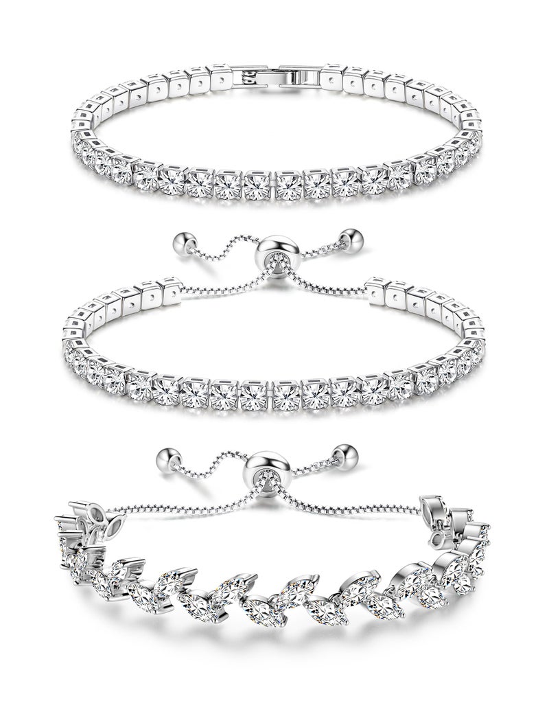 YADOCA Tennis Bracelets For Women - Silver Plated Bracelet Stack Cubic Zirconia CZ Diamond Adjustable Stackable Bracelets Set For Prom Wedding Jewelry Gift 3Pcs - Image 1