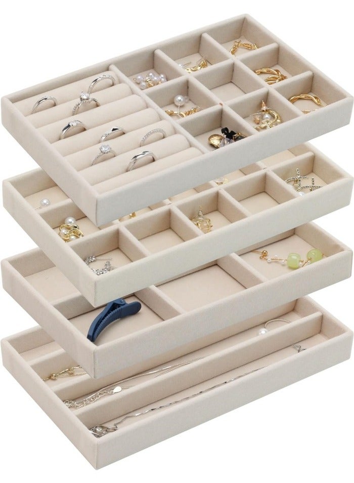 Stackable Jewelry Trays Organizer for Drawer, 4 Set of Jewelry Organizers and Display Case Storage, Velvet Drawer Inserts Organizer for Necklace Bracelets Earrings Organizer-4 Set , Gift For Her,Beige  - Image 1