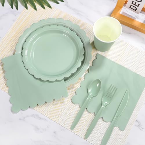 Xiangqu 175 Pcs Sage Green Paper Plates and Napkins, Sage Green Party Supplies Include Green Scalloped Plate Paper Napkin Cup Plastic Cutlery for Baby Shower, Wedding, Birthday - Image 4