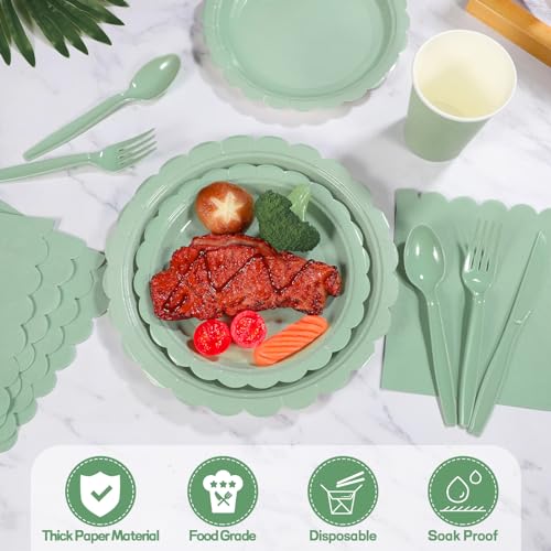 Xiangqu 175 Pcs Sage Green Paper Plates and Napkins, Sage Green Party Supplies Include Green Scalloped Plate Paper Napkin Cup Plastic Cutlery for Baby Shower, Wedding, Birthday - Image 3