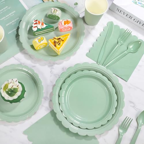 Xiangqu 175 Pcs Sage Green Paper Plates and Napkins, Sage Green Party Supplies Include Green Scalloped Plate Paper Napkin Cup Plastic Cutlery for Baby Shower, Wedding, Birthday - Image 5