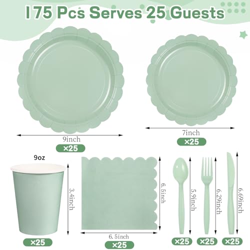 Xiangqu 175 Pcs Sage Green Paper Plates and Napkins, Sage Green Party Supplies Include Green Scalloped Plate Paper Napkin Cup Plastic Cutlery for Baby Shower, Wedding, Birthday - Image 2
