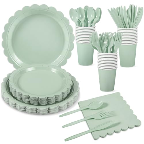 Xiangqu 175 Pcs Sage Green Paper Plates and Napkins, Sage Green Party Supplies Include Green Scalloped Plate Paper Napkin Cup Plastic Cutlery for Baby Shower, Wedding, Birthday - Image 1