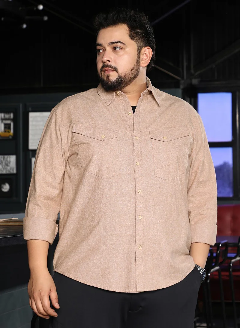 Instafab Plus Men Utility-Brushed Shirt | Spread Collar, Long Button-Cuff Sleeves | Button Closure, Curved Hem | Solid Brushed | Woven Fabric For Plus Size Casual & Daily Wear | Sand Beige