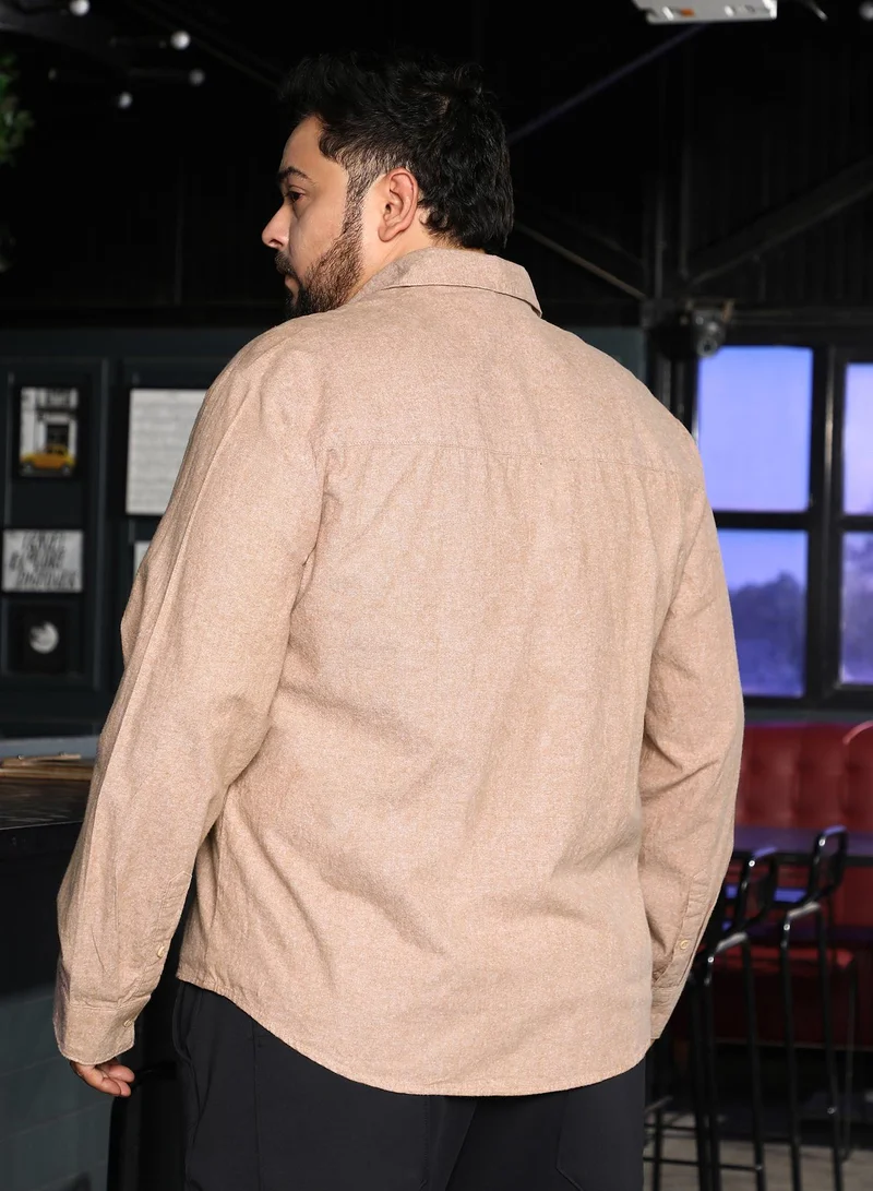 Instafab Plus  Men Utility-Brushed Shirt | Spread Collar, Long Button-Cuff Sleeves | Button Closure, Curved Hem | Solid Brushed | Woven Fabric For Plus Size Casual & Daily Wear | Sand Beige for Men | Best Price UAE
