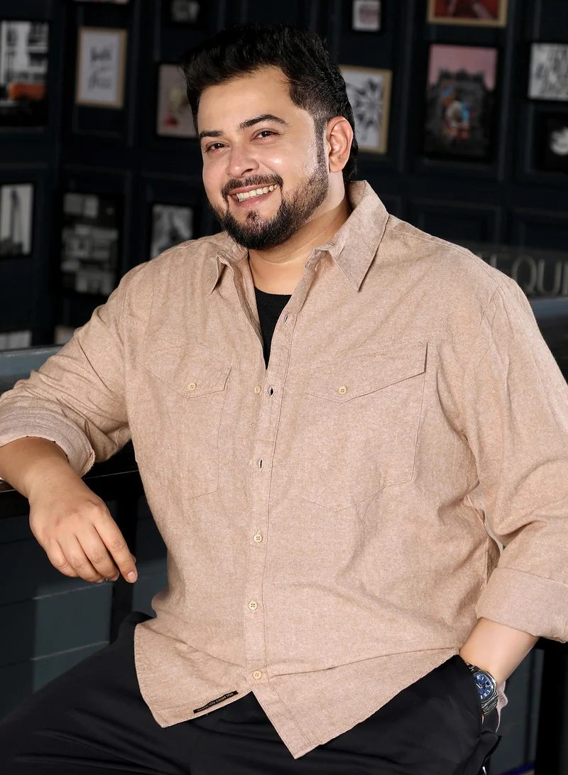 Instafab Plus Men Utility-Brushed Shirt | Spread Collar, Long Button-Cuff Sleeves | Button Closure, Curved Hem | Solid Brushed | Woven Fabric For Plus Size Casual & Daily Wear | Sand Beige