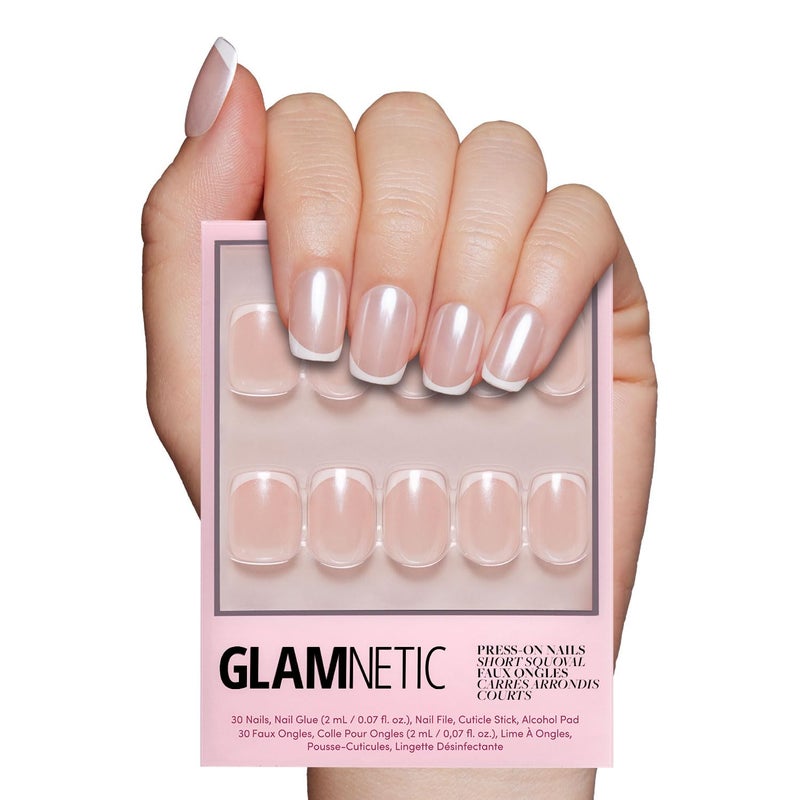 Glamnetic Press On Nails - La Perle | Semi-Transparent Squoval French Tip Fake Nails, Salon Quality | 15 Sizes - 30 Nail Kit with Glue - Image 1