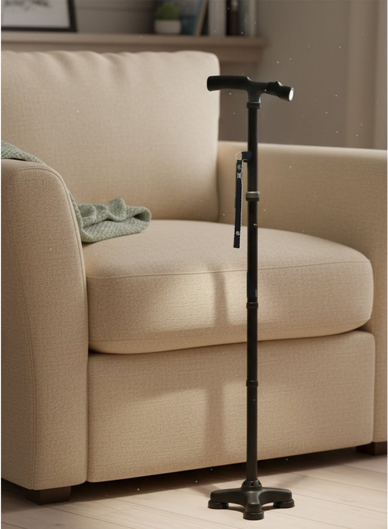 Folding Walking Stick with LED Light Cane for Elderly Lightweight Aluminum Cane Adjustable Walking Cane from 85 to 95cm Telescopic Five-Section Design with 4-Point Base (Black) - Image 2