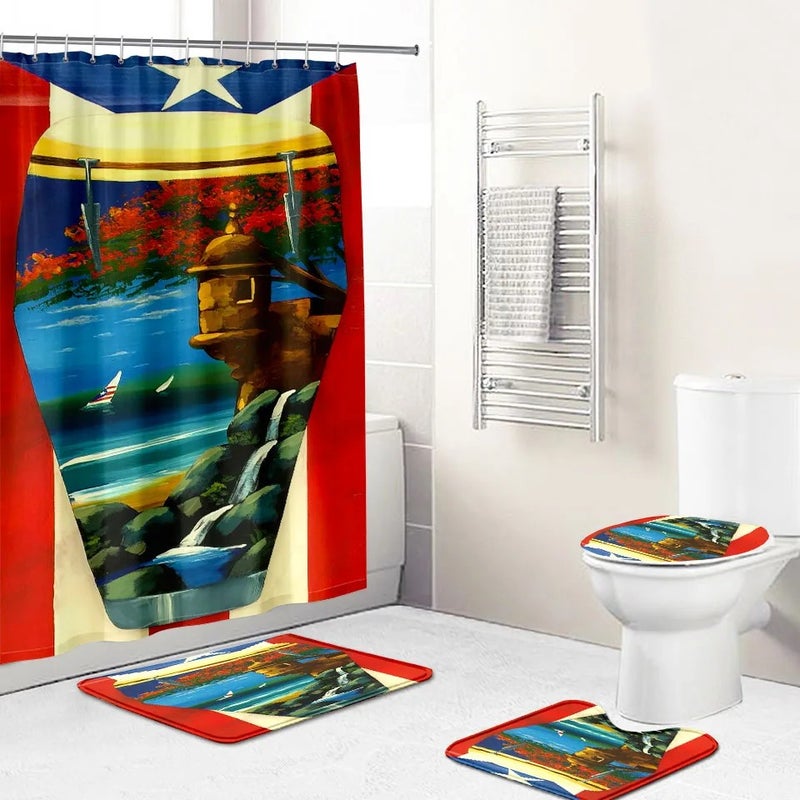 Y&D 4 Pcs Shower Curtain Sets Puerto Rico Flag Waterproof  Bathroom Set with Non-Slip Rugs Toilet Lid Cover Bath Mat - Image 1