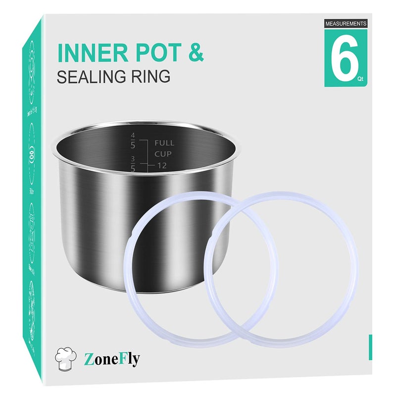 ZoneFly Original 6 Qt Power Cooker XL Replacement Inner Pot with 2 Pack Sealing Ring for Power Pressure Cooker PPC770 PPC771 PPC7701 PRO PCXLPRO6 PCTR16 YBD60100 WAL1 WAL2