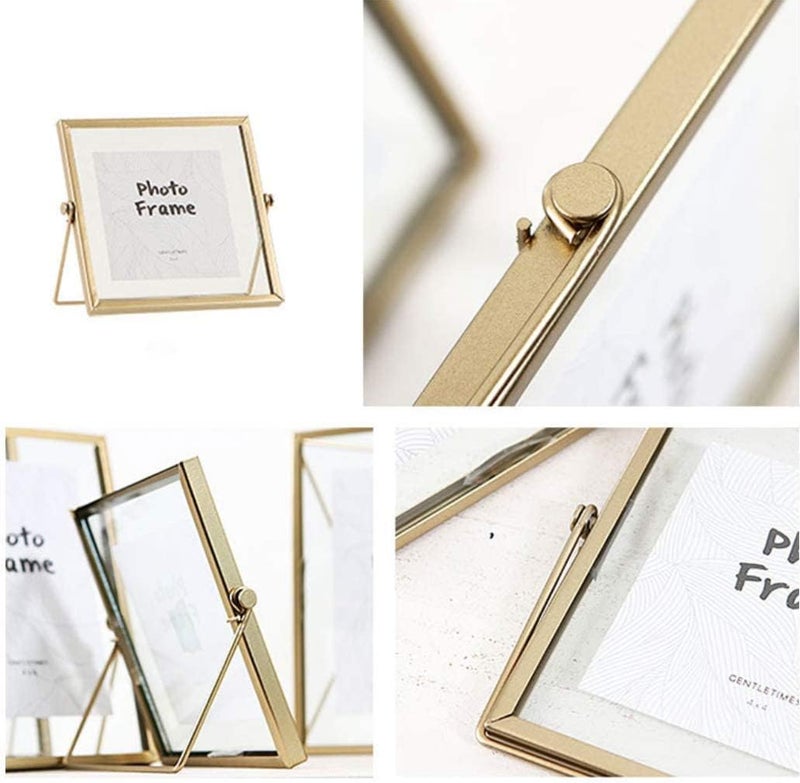 XIAOHONG Set of 3 Retro Glass Photo Frame Metal Geometric Picture Frame Metal Floating Glass Artwork Picture Frame For Photos Plant Specimen Tabletop Display Includes 4 x 4 4 x 6 5 x 7 Gold - Image 3