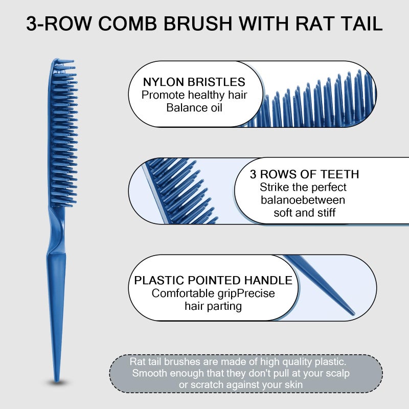 SIMPOR 3 Row Hair Comb for Natural Detangling, Hair Styling Brush, Nylon Bristle Unbraider Teasing Rat Tail Comb for Women Men Blue - Image 2