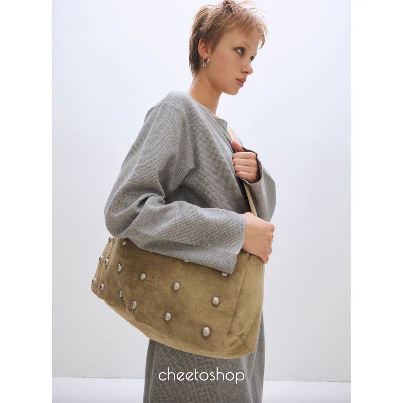PLZPROJECT Korean 2025 Autumn/Winter Studded Wide Strap Large Shoulder Crossbody Bag - Image 2