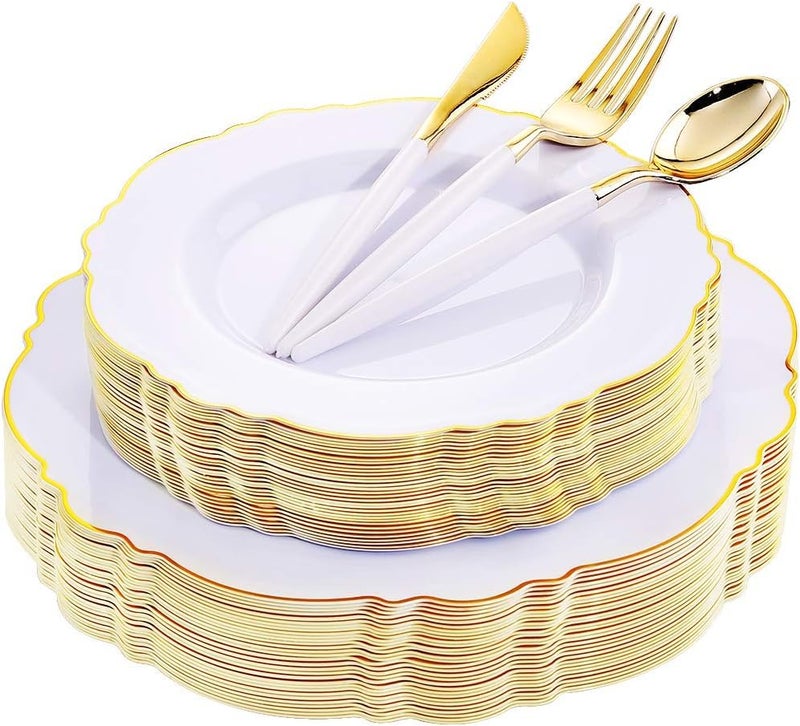 WDF 30Guest Gold Plastic Plates - High-end Baroque Design - 10.25&7.5in Wedding White and Gold Plates Disposable for Parties/Wedding - Image 1