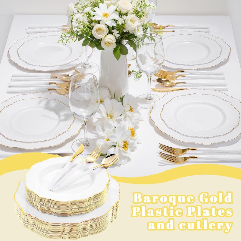 WDF 30Guest Gold Plastic Plates - High-end Baroque Design - 10.25&7.5in Wedding White and Gold Plates Disposable for Parties/Wedding - Image 3