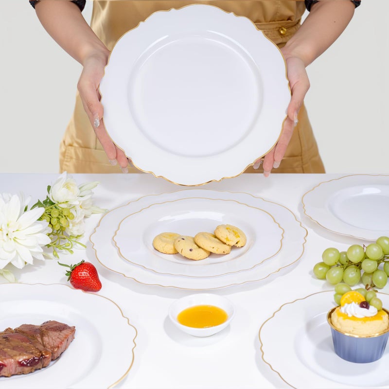 WDF 30Guest Gold Plastic Plates - High-end Baroque Design - 10.25&7.5in Wedding White and Gold Plates Disposable for Parties/Wedding - Image 4